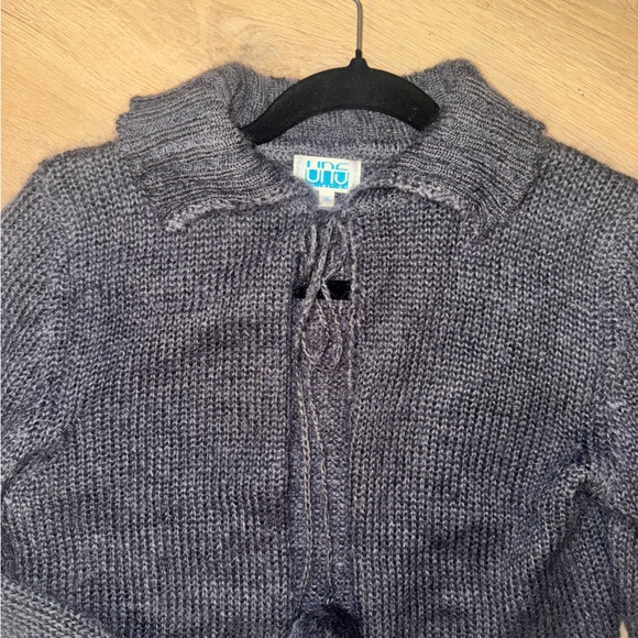 Vintage euro Charcoal Pom Pom tie knit Cardigan Sweater - fits like small - Picture 5 of 12
